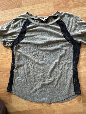 Rebecca Taylor Heather Gray Tee with Black Lace Insets